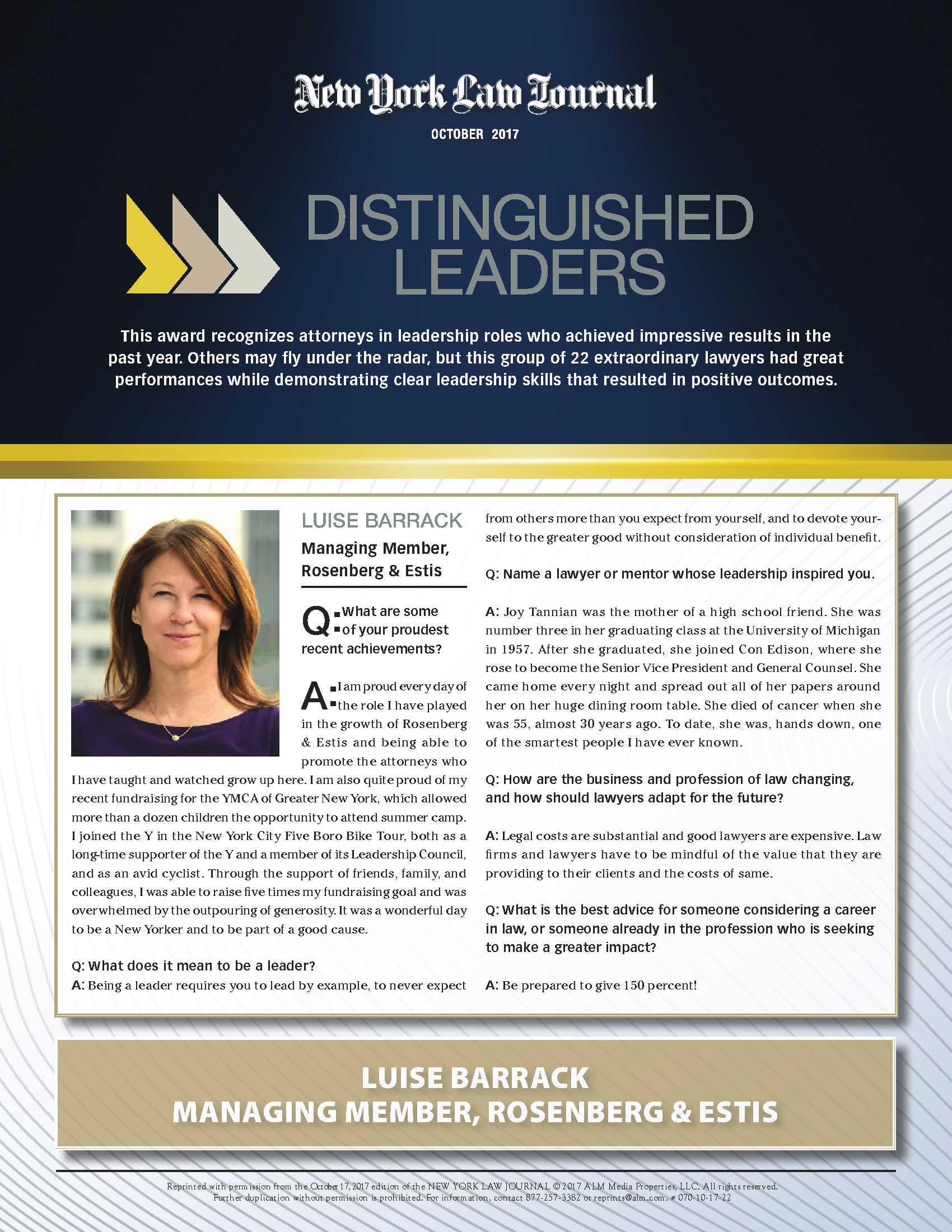 Photo of the New York Law Journal Featuring Luise Barrack as a Distinguished Leaders