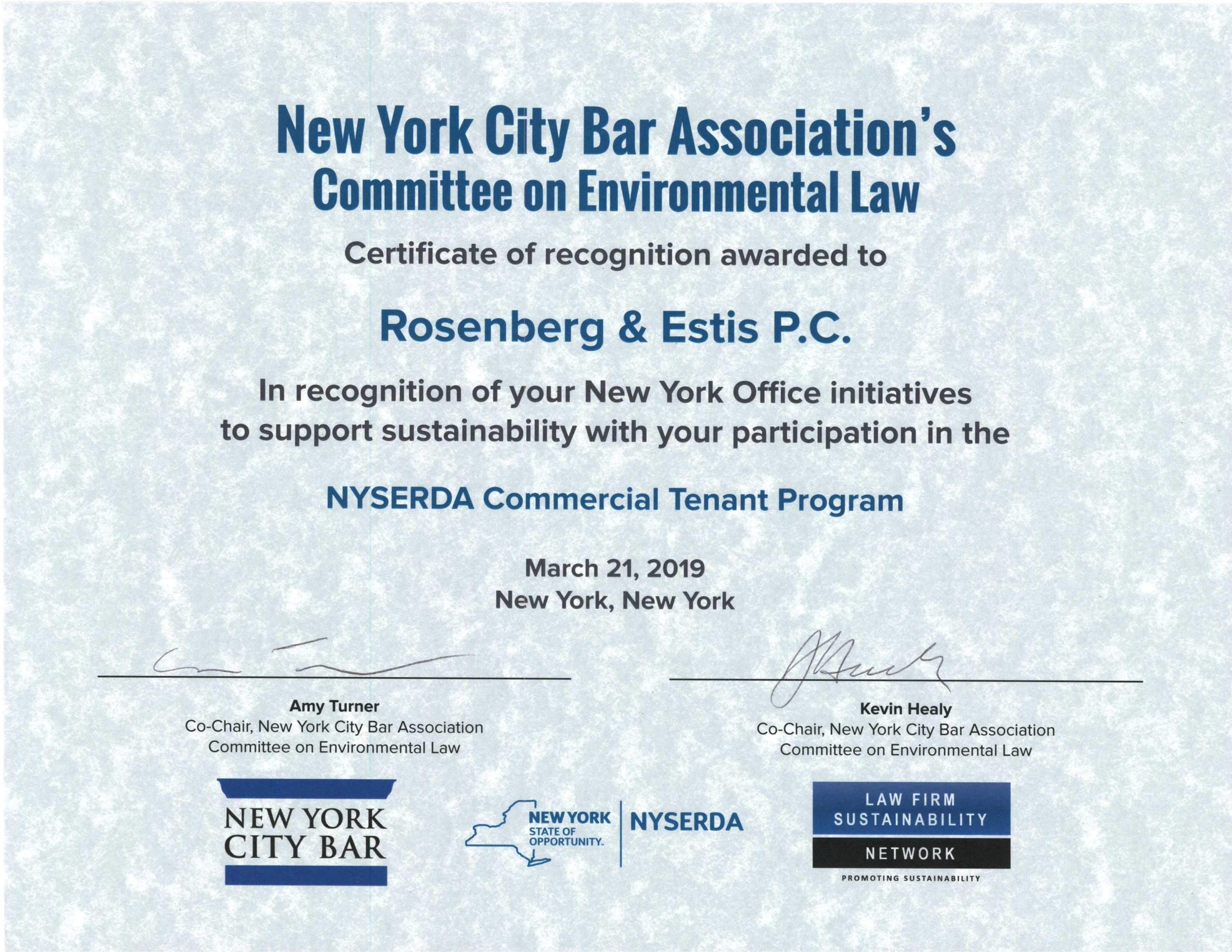 Photo of the New York Bar Association's Committee on Environment Law certificate of recognition awarded to Rosenberg & Estis P.C.